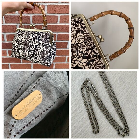 Chic Handmade Real hair-on-horsehide Black Lace Printed, Bamboo Handle Bag - Picture 16 of 16